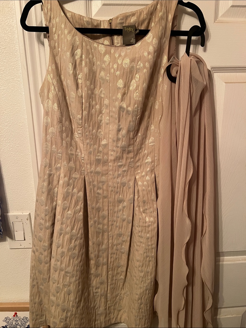 Taylor Blush-Blue Metallic Jacquard Midi Dress with Chiffon Scarf